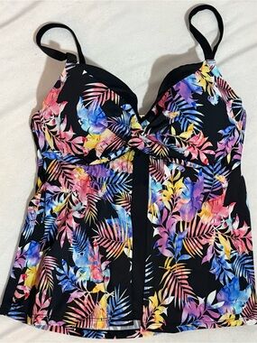 Black Tropical Floral Tankini Top with Multicolor Leaves
